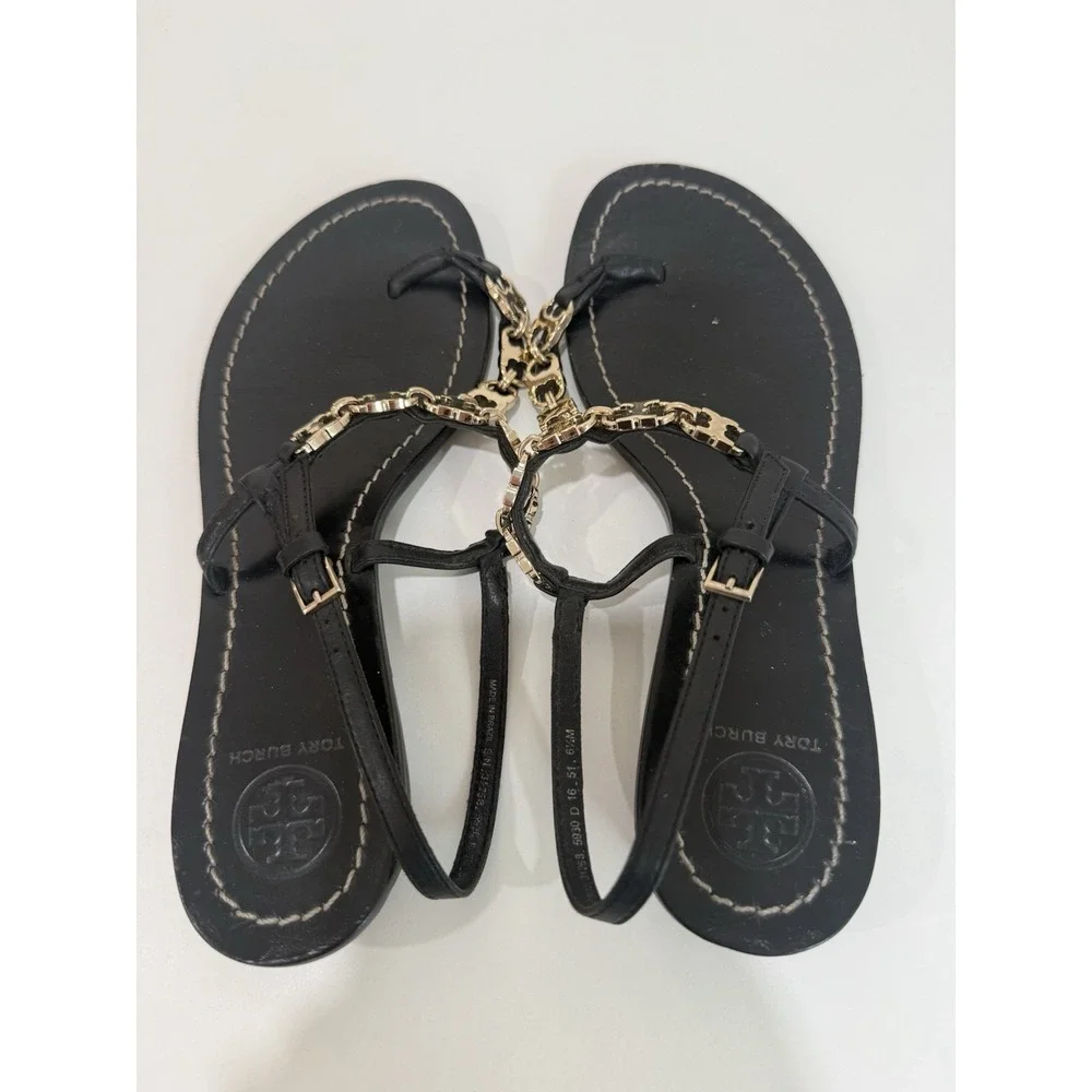 Tory Burch Gemini Black Leather Gold Chain T Link Strap Sandals Size 6.5